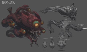 bad_id bad_twitter_id beholder black_tongue character_name closed_mouth colored_sclera concept_art creature cromwaits english_text extra_ears floating green_sclera grey_background greyscale highres monochrome monster no_humans open_mouth scales sharp_teeth simple_background slit_pupils teeth tentacles tongue tongue_out yellow_eyes