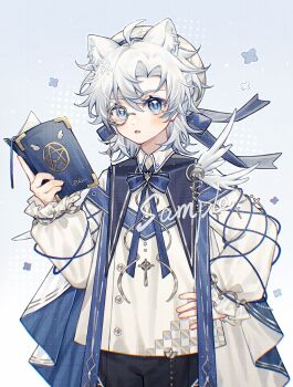 1boy ahoge animal_ear_fluff animal_ears bai_li_xuan black_pants blue_background blue_bow blue_bowtie blue_eyes book bow bowtie cape cat_boy cat_ears cowboy_shot hair_between_eyes hand_on_own_hip hat highres holding holding_book long_sleeves male_focus monocle open_book open_mouth original pants parted_bangs portrait shirt short_hair solo white_cape white_hair white_hat white_shirt