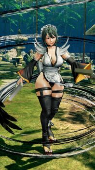 1girl 3d apron black_hair black_leotard breasts butterfly_swords curvy forest full_body highleg highleg_leotard highres holding holding_weapon iroha_(samurai_spirits) large_breasts leotard leotard_under_clothes lips looking_to_the_side maid maid_headdress nature ryona samurai_spirits screencap shiny_skin short_hair solo thighhighs third-party_edit thong_leotard weapon wide_hips wind