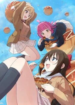 3girls absurdres ahoge black_jacket black_socks blonde_hair blue_eyes blue_scarf blue_sky blunt_bangs blush bow brown_cardigan brown_hair brown_jacket cardigan food hair_bow hashtag-only_commentary highres holding holding_food jacket kneehighs long_hair long_sleeves love_live! love_live!_nijigasaki_high_school_idol_club medium_hair miyashita_ai multiple_girls nijigasaki_school_uniform open_clothes open_jacket open_mouth osaka_shizuku oversized_food oversized_object pink_hair plaid_clothes plaid_skirt pleated_skirt red_bow scarf school_uniform sidelocks skirt sky smile socks takoyaki tata_(tataice) teeth tennoji_rina upper_teeth_only white_skirt winter_uniform yellow_eyes