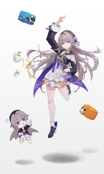 2girls absurdres agathe_rgb arm_up beret black_boots black_dress black_hat black_jacket black_shoes boots closed_mouth clothing_cutout commentary_request cup doll_joints dress floating flower full_body hair_flower hair_ornament hat herta_(honkai:_star_rail) herta_(puppet)_(honkai:_star_rail) high_heels highres honkai:_star_rail honkai_(series) jacket joints long_hair long_sleeves looking_at_viewer multiple_girls purple_eyes purple_flower purple_hair sailor_dress shoes shoulder_cutout solo teacup teapot white_dress