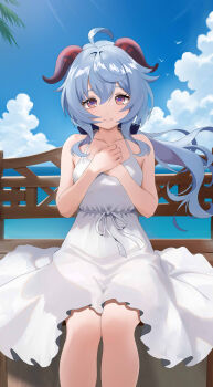 1girl absurdres ahoge alternate_costume bare_shoulders beach bird black_bow blue_hair blue_sky bow breasts clenched_hands closed_mouth cloud cloudy_sky collarbone commentary_request day dress feet_out_of_frame floating_hair ganyu_(genshin_impact) genshin_impact goat_horns hair_between_eyes hair_bow hands_on_own_chest hands_up highres horns long_hair looking_at_viewer low_ponytail medium_breasts mishirosora ocean on_bench outdoors palm_leaf ponytail purple_eyes ribbon seagull shadow sidelocks sitting sky sleeveless sleeveless_dress smile solo summer sunlight white_dress white_ribbon