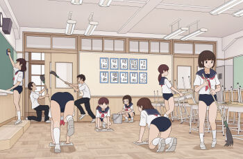 2boys 6+girls ass blue_buruma board_eraser bra broom brown_hair buruma ceiling chair chalkboard classroom cleaning desk floor highres holding holding_broom indoors kiyo_(kyokyo1220) low_twintails multiple_boys multiple_girls neckerchief original panties panty_peek ponytail red_neckerchief sailor_collar school_chair school_desk school_uniform serafuku shirt shoes short_hair short_sleeves sliding_doors smile socks standing sweeping twintails underwear upshirt white_shirt white_shoes white_socks