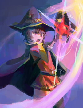 Rule 34 | 1girl, absurdres, asymmetrical legwear, bandaged leg, bandages, blunt bangs, brown hair, button eyes, buttons, cape, commentary request, dress, fingerless gloves, gloves, hat, highres, holding, holding staff, jinzi166, kono subarashii sekai ni bakuen wo!, kono subarashii sekai ni shukufuku wo!, magic, megumin, mismatched legwear, open mouth, red dress, red eyes, red prison magic school uniform, school uniform, short hair with long locks, single thighhigh, sparkle, staff, teeth, thighhighs, upper teeth only, wide sleeves, witch hat