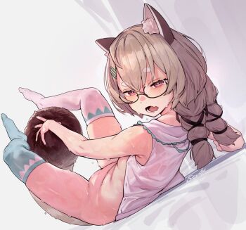 1girl animal_ear_fluff asymmetrical_legwear bottomless brown_hair fang komachi_panko komachi_panko_(1st_costume) legs_up long_hair mismatched_legwear open_mouth phase_connect rat_huang red_eyes red_panda_ears red_panda_girl red_panda_tail ribbon semi-rimless_eyewear shirt skin_fang sleeveless sleeveless_shirt solo sweat thick_eyebrows thighhighs unbuttoned unbuttoned_shirt under-rim_eyewear very_sweaty virtual_youtuber