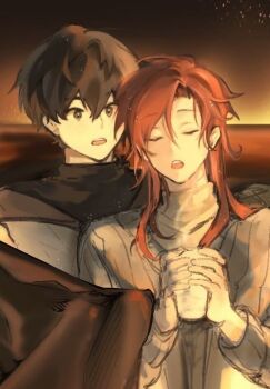 2boys black_eyes black_hair black_sweater cale_henituse choi_han closed_eyes commentary_request cup grey_sweater holding holding_cup implied_yaoi jacket korean_commentary long_hair long_sleeves lout_of_count's_family male_focus multiple_boys open_mouth red_hair shirt short_hair sitting sleeping sweater teeth turtleneck turtleneck_sweater yaoi zhangqi61433054