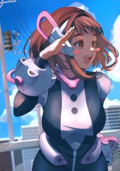 1girl blue_sky blush blush_stickers bodysuit boku_no_hero_academia breasts brown_eyes brown_hair building city cityscape cloud cowboy_shot day highres lamppost large_breasts meisaki open_mouth outdoors short_hair sky skyscraper smile solo superhero_costume uraraka_ochako