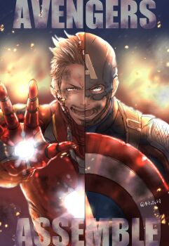 2boys animification arc_reactor armor artist_name avengers:_endgame avengers_(series) blue_bodysuit blue_eyes bodysuit brown_eyes brown_hair captain_america commentary_request english_text facial_hair full_armor helmet holding holding_shield iron_man looking_at_viewer male_focus marvel marvel multiple_boys open_mouth power_armor red_armor shield short_hair star_(symbol) steve_rogers superhero_costume teeth tokina_(okawari_gohan) tony_stark upper_body v-shaped_eyebrows