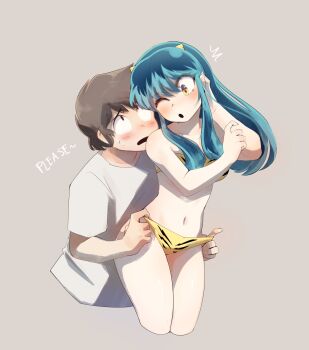 1boy 1girl absurdres animal_print aqua_hair bikini bikini_bottom_pull blush brown_hair commentary cone_horns couple english_commentary english_text grey_background hetero highres horns long_hair looking_at_another lum moroboshi_ataru mosyart navel one_eye_closed print_bikini shirt short_hair swimsuit tiger_print urusei_yatsura white_shirt