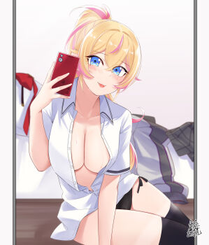 1girl :p akira_miku_ver black_panties black_skirt black_thighhighs blonde_hair blue_eyes blush bow bowtie breasts cellphone closed_mouth collarbone collared_shirt commentary double-parted_bangs eyes_visible_through_hair grey_jacket hair_between_eyes high_ponytail highres holding holding_phone jacket large_breasts long_hair looking_at_mirror looking_at_viewer mirror mirror_selfie multicolored_hair naked_shirt no_bra no_pants on_floor open_clothes open_shirt original panties partially_unbuttoned paw_print paw_print_pattern phone pink_hair pleated_skirt ponytail red_bow red_bowtie reflection reflection_focus ribbon-trimmed_panties ribbon_trim selfie senri_(akira_miku_ver) shirt signature sitting skirt smartphone smile solo star-shaped_pupils star_(symbol) streaked_hair sweat symbol-shaped_pupils thighhighs thighs tongue tongue_out underwear unworn_bow unworn_bowtie unworn_jacket unworn_skirt white_shirt wooden_floor yokozuwari