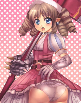 1girl alec armor ass bad_anatomy blue_eyes dress drill_hair dwarf panties pointy_ears queen&#039;s_blade underwear weapon ymir_(queen&#039;s_blade)