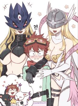 angel angel_and_devil angel_wings angewomon animal_legs asymmetrical_clothes bandana bandana_around_neck bare_shoulders beelstarmon belt blacktailmon blonde_hair breasts butter_spoon cleavage clothing_cutout covered_eyes digimon digimon_(creature) digimon_story:_time_stranger dress feathered_wings gloves goggles goggles_on_head green_dress group_picture helmet helmet_over_eyes highres holy_ring large_breasts long_hair multiple_girls multiple_wings navel o-ring o-ring_belt red_scarf scarf smile stomach_cutout tailmon thigh_strap two-tone_dress winged_gloves winged_helmet wings wrist_wings yuuki_dan