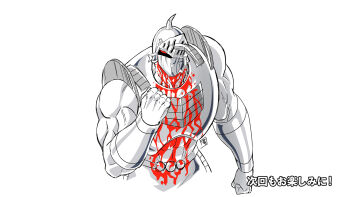 Rule 34 | 1boy, abs, bleeding, blood, blood on clothes, clenched hands, helmet, highres, injury, kinnikuman, looking at viewer, manly, mask, monochrome, muscular, official art, pectorals, red eyes, robin mask, serious, shaded face, shoulder pads, wrestling, wrestling outfit