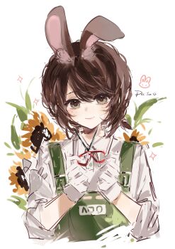 Rule 34 | 1girl, absurdres, animal ear fluff, animal ears, brown hair, chinese commentary, collared shirt, commentary request, emma woods, flower, freckles, gloves, green eyes, green overalls, hands up, highres, identity v, kemonomimi mode, looking at viewer, medium hair, neck ribbon, overalls, parted bangs, ponytail, rabbit ears, rabbit girl, red ribbon, ribbon, shirt, short ponytail, sidelocks, simple background, sleeves rolled up, smile, solo, sparkle, sunflower, white background, white gloves, white shirt, yeshu bu shi yes