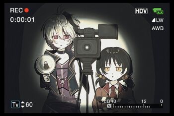 2girls 7umu91 ahoge androgynous ascot bandaged_arm bandages black_collar black_hair black_jacket black_nails collar collared_shirt crossed_arms expressionless flower_(vocaloid) flower_(vocaloid4) hair_bobbles hair_ornament highres holding holding_megaphone jacket kaai_yuki kaai_yuki_(vocaloid4) long_hair looking_at_viewer low_twintails megaphone multicolored_hair multiple_girls pale_skin plaid_ascot plaid_clothes puffy_short_sleeves puffy_sleeves purple_shirt red_ascot red_jacket shirt short_hair short_sleeves short_twintails sleeveless sleeveless_jacket streaked_hair tv_camera twintails video_camera viewfinder vocaloid white_hair white_shirt yellow_eyes