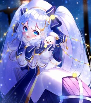 1girl 1other animal beret blue_bow blue_gloves blue_tabard blush bow braid capelet commentary_request dress fortissimo gloves gold_trim hair_between_eyes hair_bow hair_ornament hat hatsune_miku highres long_hair long_sleeves miku_day musical_note musical_note_hair_ornament official_alternate_costume official_alternate_hairstyle open_mouth outdoors rabbit rabbit_yukine smile snowflake_print ste_sou25 tabard twintails very_long_hair vocaloid white_capelet white_hat yuki_miku yuki_miku_(2021)