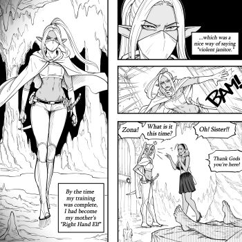 Rule 34 | 2girls, absurdres, anger vein, angry, bb (baalbuddy), breasts, cape, dress, elbow gloves, english text, gloves, high heels, high ponytail, highres, large breasts, long hair, lowleg, lowleg pants, mask, medium breasts, midriff, mouth mask, multiple girls, original, pants, ponytail, pumps, sheath, sheathed, siblings, sisters, speech bubble, strapless, sword, thigh gap, tsurime, tube top, weapon, zana (dark elf stepsister)