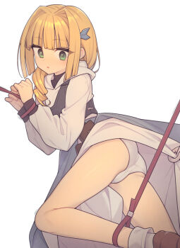 1girl ass blonde_hair blush bound bound_wrists brown_footwear cameltoe chest_guard clothes_lift commentary dress dress_lift everyntrge green_eyes hair_intakes hood hood_down hook long_hair long_sleeves looking_down open_mouth original paid_reward_available panties pantyshot restrained rope sidelocks simple_background solo sweatdrop turtleneck underwear white_background white_panties