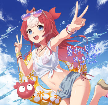 1girl artist_self-insert bikini bikini_under_clothes blue_eyes blue_sky bracelet breasts cloud commentary_request crop_top day double_v eyewear_on_head heart heart-shaped_eyewear highres innertube jewelry kanya_pyi leg_up long_hair looking_at_viewer multicolored_hair navel open_mouth original outdoors red_hair shirt short_shorts shorts sky small_breasts smile solo swim_ring swimsuit tied_shirt translation_request two-tone_hair v wet wet_clothes white_hair