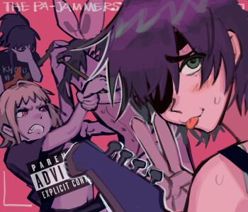 Rule 34 | 4girls, angry, black hair, blonde hair, bow, chainsaw man, clenched teeth, drumsticks, eyepatch, green eyes, guitar, hair bow, higashiyama kobeni, highres, himeno (chainsaw man), holding, holding drumsticks, instrument, liowig, looking at another, looking at viewer, medium hair, multiple girls, pajamas, parental advisory, pink background, pink bow, pink eyes, pink pajamas, pink theme, sawatari akane (chainsaw man), short hair, simple background, slit pupils, teeth, tendou michiko, tongue, tongue out, v