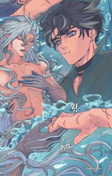 Rule 34 | !?, 2boys, absurdres, air bubble, black bandages, black hair, bubble, collarbone, collared shirt, colored extremities, commentary, ear piercing, earrings, english commentary, genshin impact, grey hair, hand on own chest, highres, holding breath, holding hands, jewelry, light blush, long hair, looking at another, male focus, merman, monster boy, monsterification, multiple boys, naya (onaxart), neuvillette (genshin impact), piercing, scar, scar on arm, shirt, short hair, wriothesley (genshin impact), yaoi