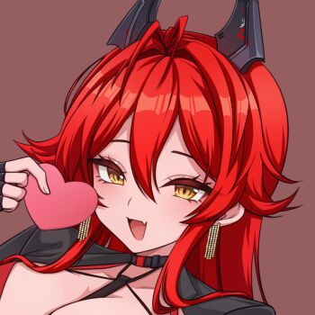 1girl antenna_hair between_breasts black_gloves black_jacket breasts brown_background brown_eyes chiji_komari cleavage collarbone commentary_request fingerless_gloves gloves goddess_of_victory:_nikke hair_between_eyes hair_intakes hand_up heart holding horns jacket large_breasts long_hair red_hair red_hood_(nikke) simple_background solo