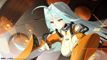 1girl :| absurdres ahoge blue_hair bodysuit breasts closed_mouth copyright_name copyright_notice hair_intakes highres holographic_interface logo long_hair multicolored_bodysuit official_art official_wallpaper orange_bodysuit shuguang_(xinyue_tongxing) solo spacecraft_interior two-tone_bodysuit upper_body very_long_hair white_bodysuit xinyue_tongxing yellow_eyes