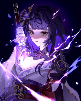 1girl absurdres arm_up armor back_bow blunt_bangs bow breasts bridal_gauntlets cleavage clothing_cutout drawing_sword electricity electro_symbol_(genshin_impact) fan_hair_ornament flower_ornament from_side genshin_impact glowing glowing_sword glowing_weapon gradient_hair gusheng highres holding holding_sword holding_weapon human_scabbard japanese_clothes katana kimono large_breasts looking_at_viewer looking_to_the_side mitsudomoe_(shape) mole mole_under_eye multicolored_hair musou_isshin_(genshin_impact) neck_ribbon off_shoulder open_mouth powering_up purple_eyes purple_hair purple_kimono purple_nails raiden_shogun red_ribbon red_sash ribbon sash shaded_face shoulder_armor shoulder_cutout solo standing sword sword_between_breasts tomoe_(symbol) upper_body weapon