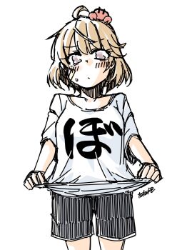 Rule 34 | 1girl, ahoge, alternate costume, bandaid, bandaid on face, black shorts, brown hair, commentary request, cowboy shot, crab, crab on head, grey eyes, highres, kantai collection, looking down, oboro (kancolle), shirt, shirt tug, shitty t-shirt naval base, short hair, shorts, simple background, solo, t-shirt, tatahai, white background, white shirt