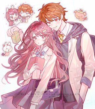 Rule 34 | 1boy, 1girl, absurdres, backpack, bag, bai yang zi, black hoodie, blue bow, blue bowtie, blue skirt, blush stickers, book, bookmark, bow, bowtie, brown hair, chibi, chibi inset, collared shirt, cowboy shot, green necktie, grin, hand in pocket, highres, holding, holding book, hood, hoodie, long hair, long sleeves, necktie, open book, original, parted lips, plaid clothes, plaid necktie, pleated skirt, red eyes, school bag, school uniform, shirt, short hair, skirt, smile, white shirt