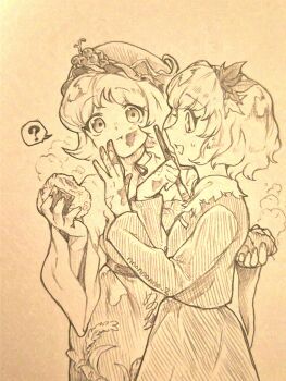 2girls ? absurdres aki_minoriko aki_shizuha apron artist_name closed_mouth commentary_request food grape_hat_ornament hair_ornament hat highres holding holding_food holding_paintbrush leaf_hair_ornament long_sleeves menotama multiple_girls onigiri open_mouth paint_on_fingers paint_splatter paint_splatter_on_face paintbrush roasted_sweet_potato shirt short_hair siblings signature sisters skirt smile spoken_question_mark sweatdrop sweet_potato touhou traditional_media