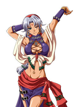 1girl arm_up bad_id bad_pixiv_id bindi breasts bridal_gauntlets cleavage_cutout clothing_cutout dark-skinned_female dark_skin dress eiyuu_densetsu falcom female_focus green_eyes groin hairband highres jewelry long_hair midriff navel_piercing necklace one_eye_closed piercing scherazard_harvey silicate smile solo sora_no_kiseki white_background white_hair wink