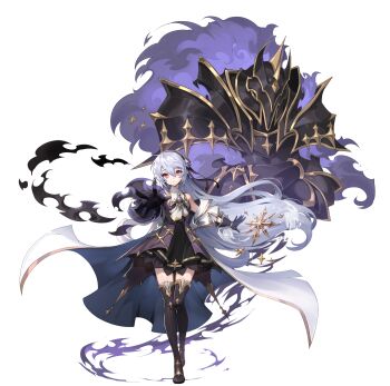 1girl absurdres black_gloves black_legwear breasts dress expressionless full_body game_cg gloves guardian_tales hairband highres long_hair looking_at_viewer necromancer_noxia official_alternate_costume official_art red_eyes silver_hair small_breasts standing summoning transparent_background