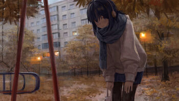 1girl absurdres an_yb autumn autumn_leaves bag black_pantyhose blue_eyes blue_hair blue_scarf blue_skirt building closed_mouth commentary cowboy_shot grey_sweater hands_on_own_hips headphones highres holding holding_bag house lamppost leaf leaning_forward long_sleeves looking_at_viewer miniskirt original pantyhose ponytail puffy_long_sleeves puffy_sleeves ribbed_sweater scarf scenery short_hair short_ponytail skirt smile solo standing sweater swing_set symbol-only_commentary tree white_bag