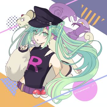 1girl absurdres arbok black_hat black_nails breasts candy chama_(kevs2875) clothing_cutout colorful_background commentary_request cropped_torso food gen_1_pokemon gen_2_pokemon green_eyes green_hair hat hatsune_miku highres hip_vent holding holding_candy holding_food holding_lollipop houndoom lollipop long_hair looking_at_viewer multicolored_hair nintendo party_rock_eternity_(vocaloid) persian_(pokemon) poke_ball pokemon pokemon_(creature) project_voltage shoulder_cutout solo streaked_hair team_rocket tongue tongue_out twintails vocaloid