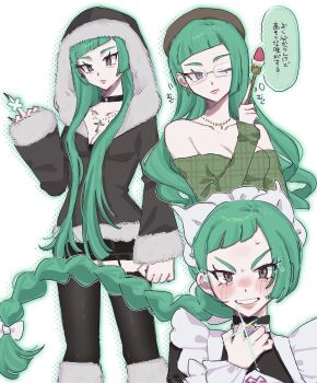 1girl black_thighhighs blunt_bangs braid casual earrings fork fur-trimmed_hood fur_trim glasses green_eyes green_hair grin h9y78 highres holding holding_fork hood hooded_jacket hoop_earrings jacket jewelry lebanne_(pokemon) long_hair looking_at_viewer maid_headdress middle_finger nintendo pokemon pokemon_legends:_z-a single_braid smile solo speech_bubble sweat thighhighs