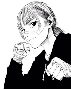 1girl bandaid bandaid_on_cheek bandaid_on_face bandaid_on_nose commentary_request fighting_stance from_below hair_ornament hand_wraps hatching_(texture) highres hood hoodie lee_(dragon_garou) light_smile looking_at_viewer low_ponytail monochrome original ponytail portrait profile solo