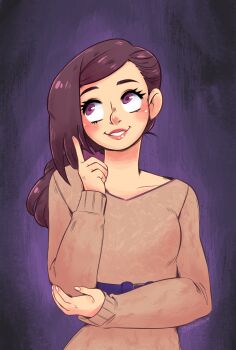 Rule 34 | 1girl, blush, brown dress, brown hair, commentary, dress, english commentary, eyelashes, fingernails, hand on own elbow, highres, index finger raised, joypandaah, kurashiki akane, kyokugen dasshutsu, lips, long hair, long sleeves, purple background, purple eyes, purple sash, sash, side ponytail, smile, solo, teeth, upper body, zero escape: toki no dilemma