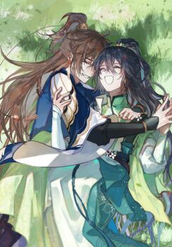 2boys :d ^_^ absurdres ahoge arm_around_shoulder arm_guards black_boots black_hair black_sash black_shirt blue_hanfu boots brown_hair chinese_clothes chinese_commentary closed_eyes crossed_bangs day ear_chain earrings feather_earrings feathers feet_out_of_frame floral_print flower green_hanfu grin hair_between_eyes hair_flower hair_ornament hair_tubes half_updo hand_on_another&#039;s_arm hanfu high_ponytail highres hua_yi_shanxin_zhiyue hug jewelry ji_yuanqi layered_sleeves linked_piercing long_hair long_sleeves lying male_focus multiple_boys on_back on_grass on_side open_mouth palms_together piercing ponytail sash shadow shirt shiyue950 smile tassel the_prince_(hua_yi_shanxin_zhiyue) waist_sash white_shirt wide_sleeves yaoi