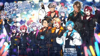 6+boys absurdres ahoge antenna_hair arm_up axel_syrios banzoin_hakka belt black_belt black_choker black_gloves black_hair black_hands black_jacket black_shirt black_tank_top blonde_hair blue_collar blue_eyes blue_hair blue_hands blush braid brown_eyes brown_hair chest_belt choker clenched_hand collar collared_jacket colored_extremities cowboy_shot crimzon_ruze dark-skinned_male dark_skin earrings english_text everyone fang fingerless_gloves fist_pump gavis_bettel gloves glowstick goldbullet green_collar green_eyes heterochromia highres hiimtae_sb holding holding_microphone holoarmis holostars holostars_english holostars_english_idol_uniform holotempus idol_clothes jacket jacket_on_shoulders jewelry josuiji_shinri jurard_t_rexford machina_x_flayon male_focus microphone multicolored_hair multiple_belts multiple_boys multiple_braids octavio off_shoulder one_eye_closed orange_collar outer_glow partially_fingerless_gloves penlight_(glowstick) pink_collar pink_eyes pink_hair ponytail purple_collar purple_eyes purple_hair red_collar red_hair red_streaks regis_altare sharp_teeth shirt side_braid single_braid sleeveless sleeveless_shirt stage streaked_hair tank_top teeth tri_braids two-tone_hair v virtual_youtuber white_belt white_hair white_jacket white_streaks