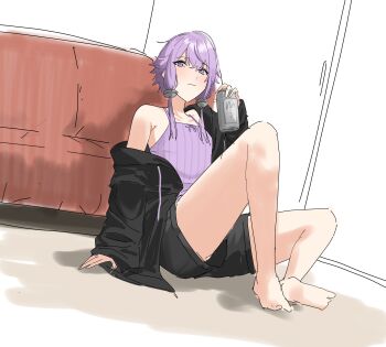 1girl absurdres beer_can camisole can couch drink_can flat_chest highres nankawa_rota purple_eyes purple_hair shirt_slip short_hair short_hair_with_long_locks short_shorts shorts sitting solo voiceroid yuzuki_yukari