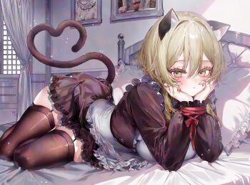 1girl alternate_costume animal_ears apron arm_support black_dress black_garter_straps black_thighhighs blonde_hair bound cat_ears cat_girl cat_tail closed_mouth commentary_request dress enmaided garter_straps genshin_impact hair_between_eyes highres indoors kemonomimi_mode long_sleeves lumine_(genshin_impact) maid on_bed pillow short_hair solo tail thighhighs tied_up_(nonsexual) utsuhostoria white_apron yellow_eyes