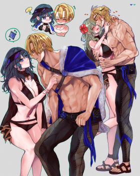 Rule 34 | 1boy, 1girl, ?, armpits, bare arms, bare legs, bare shoulders, bikini, black bikini, black pants, blonde hair, blue cape, blue eyes, blue hair, breasts, cape, cleavage, closed eyes, collarbone, commentary request, condom, condom wrapper, couple, dimitri alexandre blaiddyd, dimitri alexandre blaiddyd (summer), dimitri alexandre blaiddyd (timeskip), embarrassed, facing another, female byleth (awakened) (fire emblem), female byleth (fire emblem), female byleth (summer) (fire emblem), fire emblem, fire emblem: three houses, fire emblem heroes, flower, flustered, full body, green eyes, green hair, hair flower, hair ornament, happy, heart, height difference, hetero, highres, hug, knees, large breasts, leg up, looking at another, medium hair, mokichi xx, multiple views, muscular, muscular male, navel, nintendo, official alternate costume, official alternate hair color, pants, sandals, scar, scar on arm, scar on chest, short hair, sideboob, standing, stomach, swimsuit, thighs, topless male, visor cap