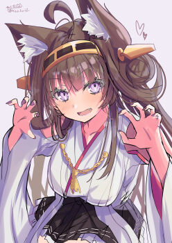 1girl absurdres ahoge animal_ear_fluff animal_ears bare_shoulders blush brown_hair detached_sleeves fang hairband highres hizaka kantai_collection kemonomimi_mode kongou_(kancolle) looking_at_viewer nontraditional_miko open_mouth paw_pose purple_eyes skirt smile solo twitter_username wide_sleeves wolf_ears