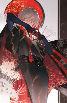 1boy aqua_eyes bbprism black_jacket cat&#039;s_cradle chest_jewel eyeshadow eyeshadow_under_eye fate/grand_order fate_(series) floral_print flower gradient_hair hair_ornament hair_over_one_eye highres jacket jewelry karna_(fate) karna_(celebratory_attire)_(fate) looking_at_viewer makeup male_focus medium_hair multicolored_hair pale_skin red_eyeshadow red_flower red_hair solo spider_lily spider_lily_print white_flower white_hair white_spider_lily
