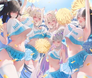 5girls absurdres alternate_costume animal_ear_fluff animal_ears arm_up armpits asymmetrical_docking asymmetrical_horns bandaid bandaid_hair_ornament bare_shoulders black_hair blonde_hair blue_eyes blue_hair blue_hairband blue_skirt blue_sky blush bouncing_breasts breast_press breasts cheerleader cleavage closed_eyes colored_inner_hair commentary confetti crop_top crossed_bangs demon_horns dog_ears dog_girl dog_tail double-parted_bangs dress english_commentary fake_horns fuwawa_abyssgard gradient_hair grey_hair hair_between_eyes hair_flaps hair_intakes hair_ornament hairband hairclip headpiece highres holding holding_pom_poms holoadvent hololive hololive_english horns huge_breasts jewel_under_eye jumping koseki_bijou large_breasts loli long_hair looking_at_viewer microskirt mococo_abyssgard mole mole_on_breast mole_under_eye multicolored_hair multiple_girls navel nerissa_ravencroft no_bra no_panties one_eye_closed open_mouth pink_eyes pink_hair pink_hairband pleated_skirt pom_pom_(cheerleading) pom_poms ponytail prab purple_eyes purple_hair red_eyes shiori_novella short_hair siblings sisters skindentation skirt sky small_breasts smile split-color_hair stomach streaked_hair symmetrical_docking tail teeth thighhighs thighs twins two-tone_hair two_side_up underboob very_long_hair virtual_youtuber white_background white_thighhighs wide_ponytail x_hair_ornament