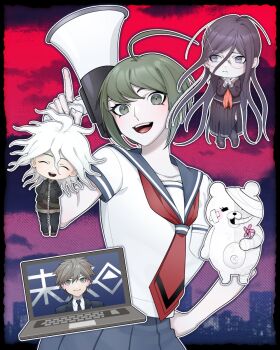 2boys 2girls absurdly_long_hair ahoge arms_behind_back bandaged_head bandages bandaid bandaid_on_cheek bandaid_on_face black_border black_jacket black_pants black_shoes blue_sailor_collar blue_skirt border breast_pocket brown_hair brown_shoes building chain chibi chibi_inset city closed_eyes closed_mouth cloud collared_shirt commentary_request computer crossed_bandaids danganronpa_(series) danganronpa_another_episode:_ultra_despair_girls eyelashes fingernails flower fukawa_toko glasses green_eyes green_hair hair_between_eyes hair_ornament hairclip head_tilt highres holding holding_flower holding_megaphone index_finger_raised jacket komaeda_nagito laptop ling_yun_(amadare0803) long_hair long_sleeves megaphone mole mole_under_mouth multiple_boys multiple_girls naegi_komaru naegi_makoto navel neckerchief necktie open_clothes open_jacket open_mouth outline own_hands_together pants pink_flower pocket purple_eyes purple_hair purple_serafuku purple_shirt purple_skirt purple_thighhighs red_neckerchief red_necktie round_eyewear sailor_collar school_uniform serafuku servant_(danganronpa) shirokuma_(danganronpa) shirt shoes short_hair short_sleeves skirt skirt_set sky smile striped_clothes striped_shirt teeth thighhighs torn_clothes torn_neckerchief torn_skirt two-tone_shirt upper_teeth_only very_long_hair white_hair white_outline white_sailor_collar white_shirt