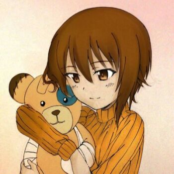 1girl bandages boko_(girls_und_panzer) brown_eyes brown_hair commentary_request girls_und_panzer holding holding_stuffed_toy long_sleeves lowres nishizumi_maho orange_sweater short_hair simple_background smile solo stuffed_animal stuffed_toy sweater teddy_bear user_dpgj8447 white_background