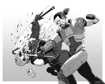1boy 1other absurdres blood broken_mask can clenched_hand crowbar decomposedtaco drink_can gas_mask glasses gordon_freeman greyscale half-life half-life_(series) half-life_2 hev_suit highres hitting holding holding_crowbar mask metrocop monochrome ponytail soda_can stun_baton swinging violence