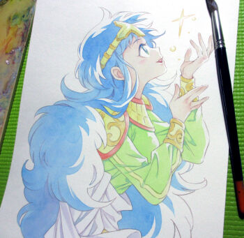 1girl agahari arrow_angel art_brush art_tools_in_frame bikkuriman blue_dress blue_eyes blue_hair circlet commentary_request dress fluffy_hair hands_up long_hair looking_up open_mouth paintbrush painting_(medium) photo_(medium) sash shoulder_pads smile solo star_(sky) traditional_media upper_body usekh_collar very_long_hair white_sash